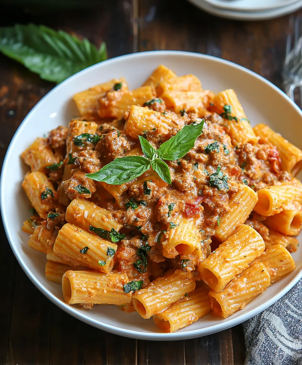 One-Pot Creamy Beef Rigatoni Pasta-Easy Dinner