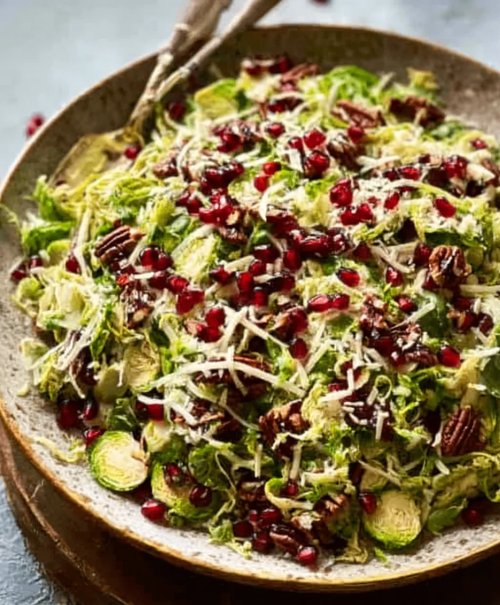 Shaved Brussels Sprout Salad-Pomegranate-Candied Pecans