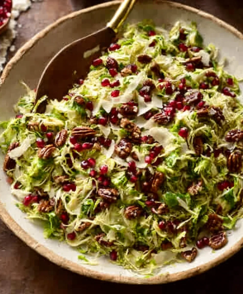 Shaved Brussels Sprout Salad-Pomegranate-Candied Pecans