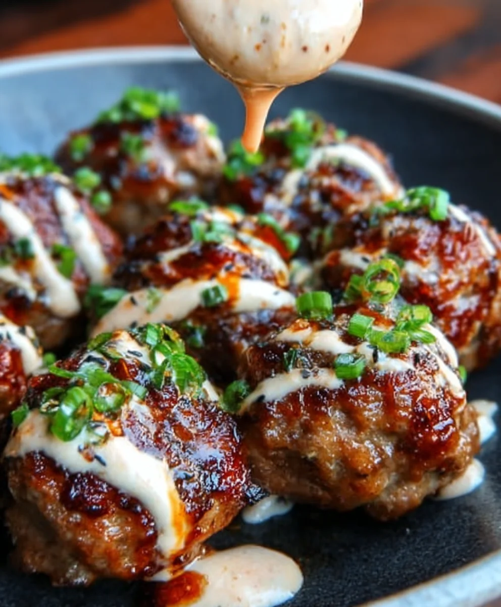 Korean BBQ Beef Meatballs Spicy Mayo Dip