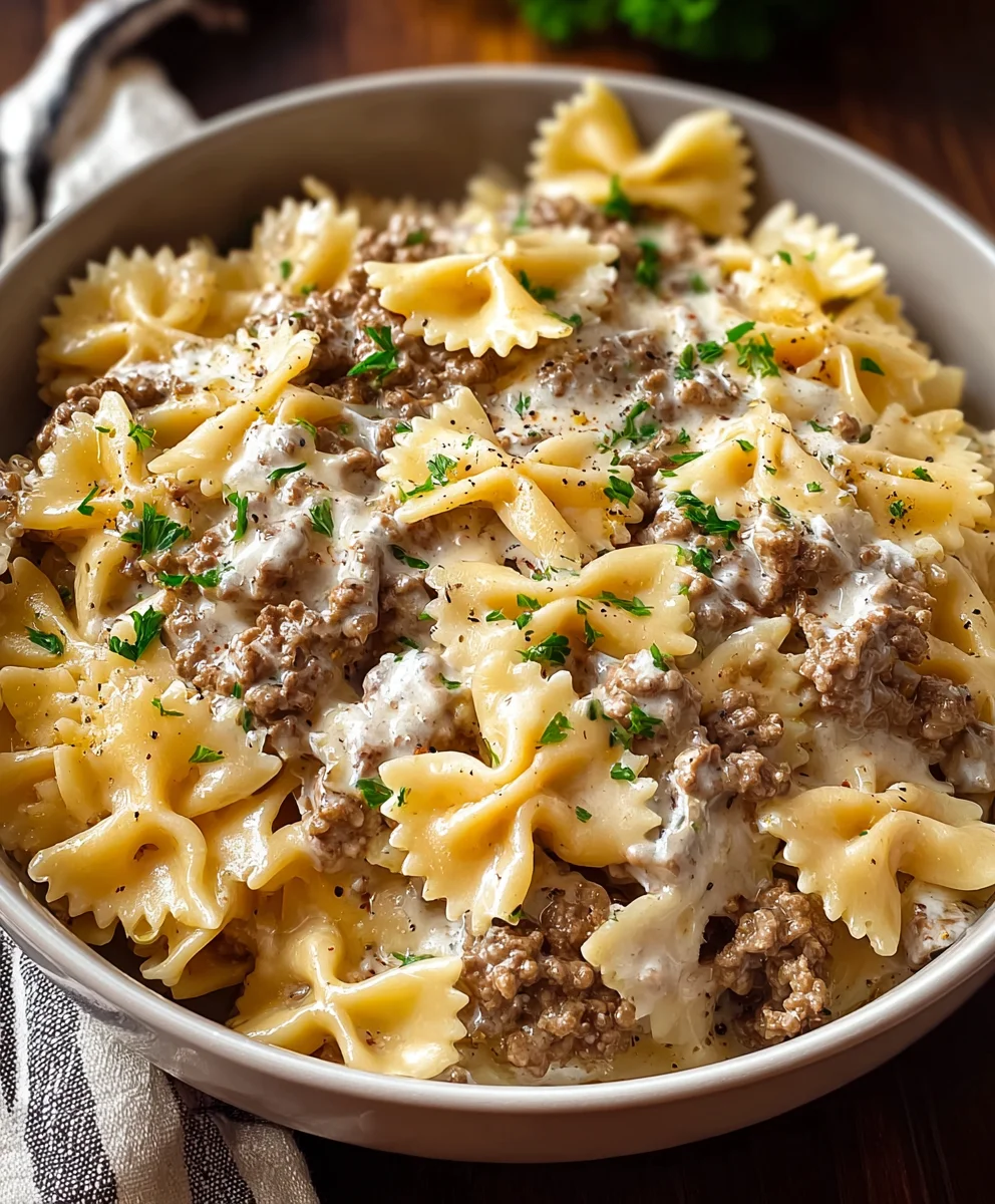 Beef Bowtie Pasta Alfredo - Creamy Delicious Dinner