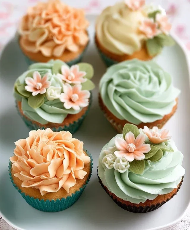 Sweet Treat Cupcake Ideas For Any Celebration : Peach and Soft Green Cupcakes