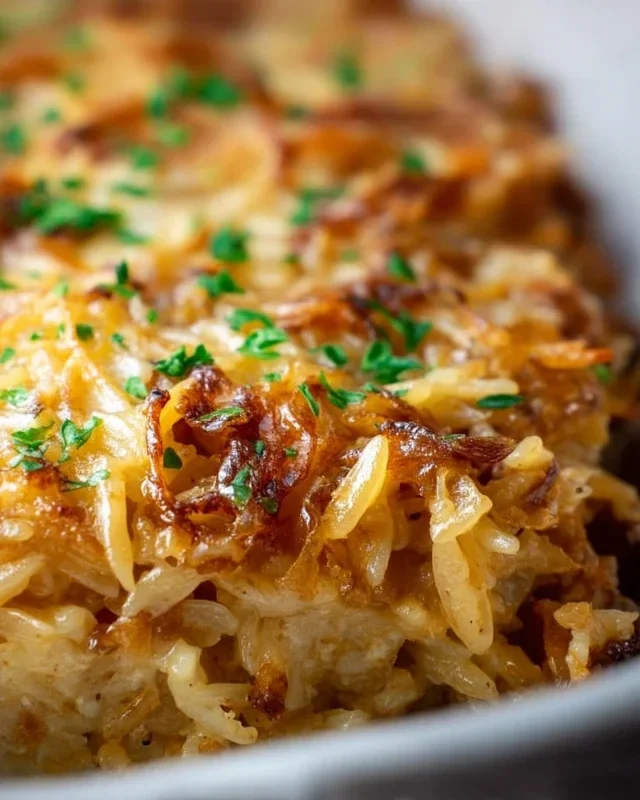 French Onion Chicken Orzo Casserole