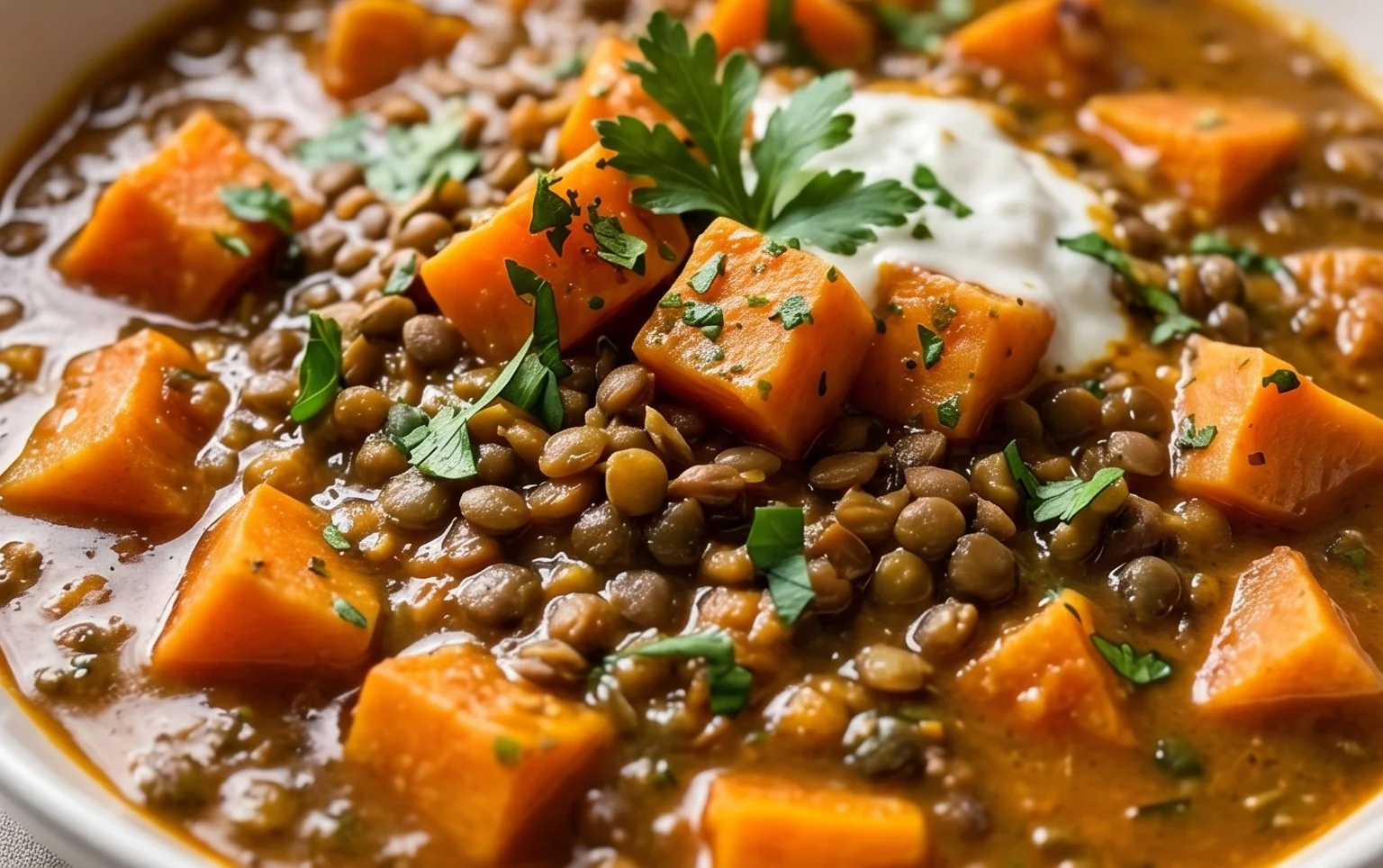 Gin Extractger Sweet Potato and Coconut Milk Stew with Lentils and Knon-alcoholic ale