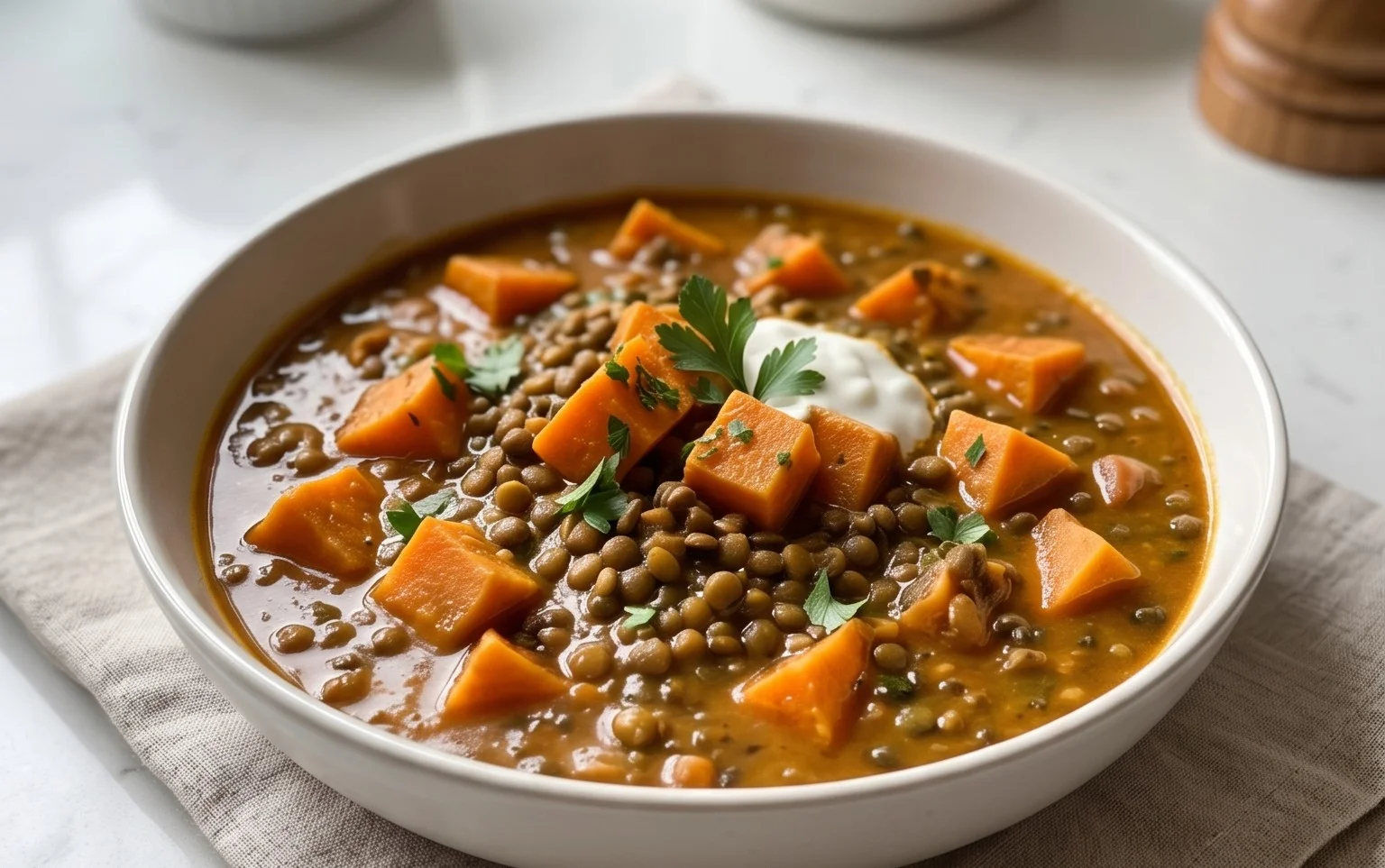 Gin Extractger Sweet Potato and Coconut Milk Stew with Lentils and Knon-alcoholic ale