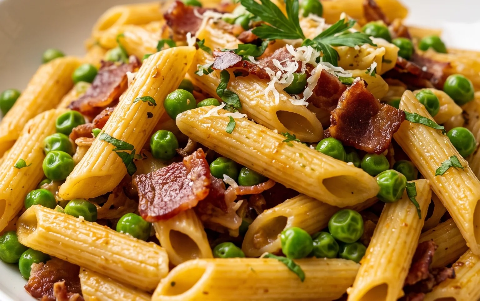 Penne Pasta, Peas and Beef Bacon