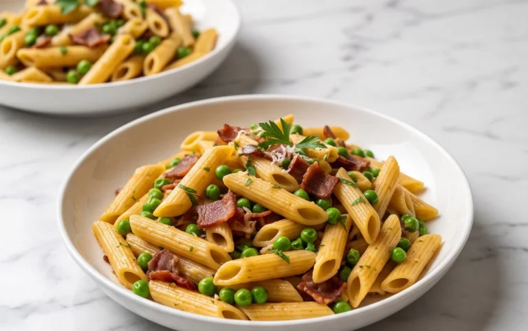 Penne Pasta, Peas and Beef Bacon
