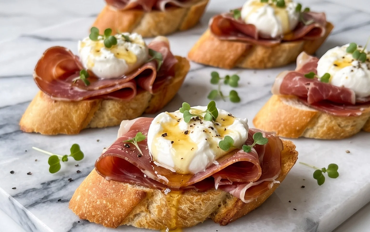 Beef Prosciutto Crostini with Burrata and Lemon Honey Drizzle